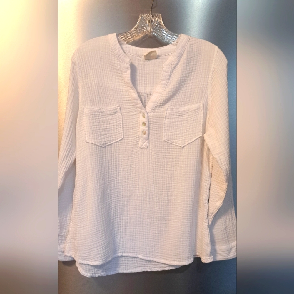 Ladies Mote V-Neck Tunic Top White Henley Pockets Bohemian Gauzey Cotten LRG